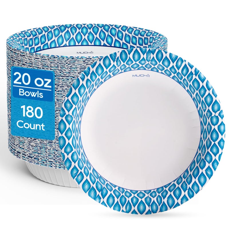 MUCHII 20 Oz Paper Bowls 180 Count Disposable Bowls Printed Soak Proof Large Bowls for Breakfast Lunch and Dinner Meals